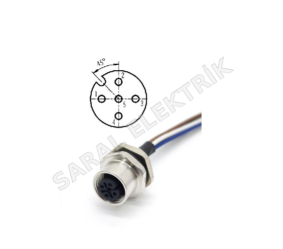 M12 5 Pin A Kodlu Dişi Panel Kablolu Konnektör