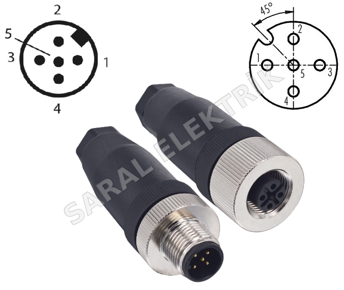 M12 5 Pin Dişi - M12 5 Pin A Kodlu Erkek Takım Konnektör