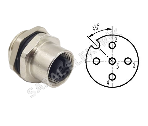 M12 5 Pin Panel Arkadan Somunlu Dişi Konnektör