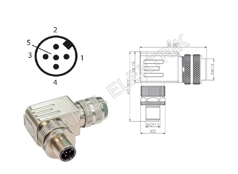 M12 5 Pin A Kodlu 90° Metal Erkek Konnektör